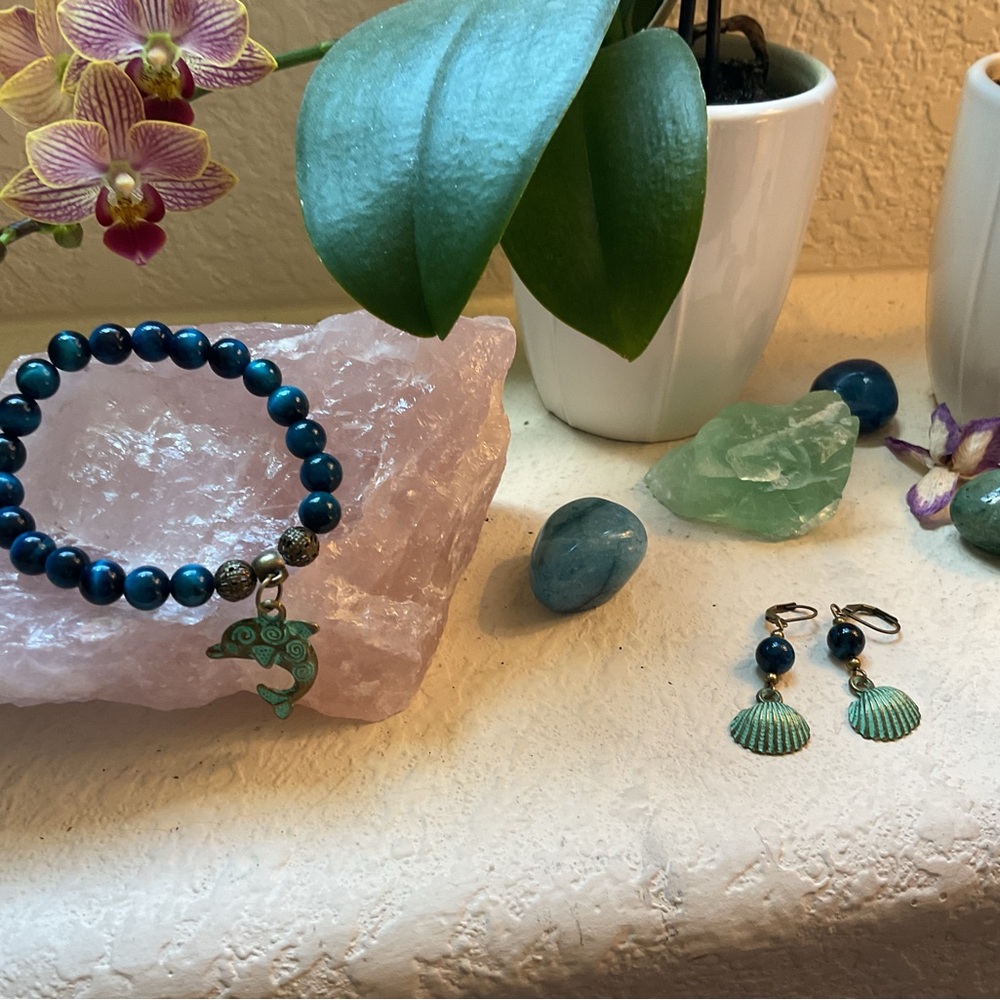 Genuine Teal Tiger’s Eye Bracelet w/ Brass Dolphin Charm and Sea Shell Earrings